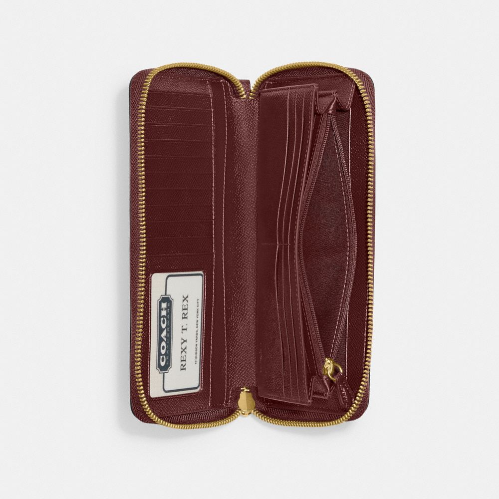 COACH®,Continental Wallet,Leather,Bi Fold,Wristlet,Continental,Logo,Metal,Scratch Resistant,Gold Metal,Casual,Maroon,Inside View,Top View