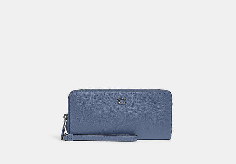 COACH®,CONTINENTAL WALLET,Crossgrain Leather,Mini,Pewter/Washed Chambray,Front View