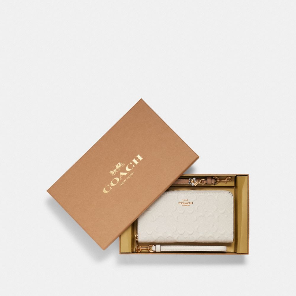 COACH®,BOXED LONG ZIP AROUND WALLET IN SIGNATURE LEATHER,Gold/Chalk,Front View