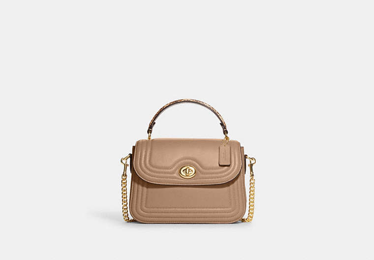 COACH®,MARLIE TOP HANDLE SATCHEL WITH BORDER QUILTING,Medium,Gold/Taupe,Front View