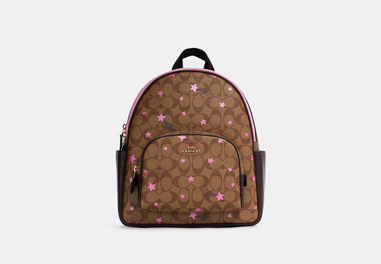 COACH®,COURT BACKPACK IN SIGNATURE CANVAS WITH DISCO STAR PRINT,Large,Gold/Khaki Multi,Front View
