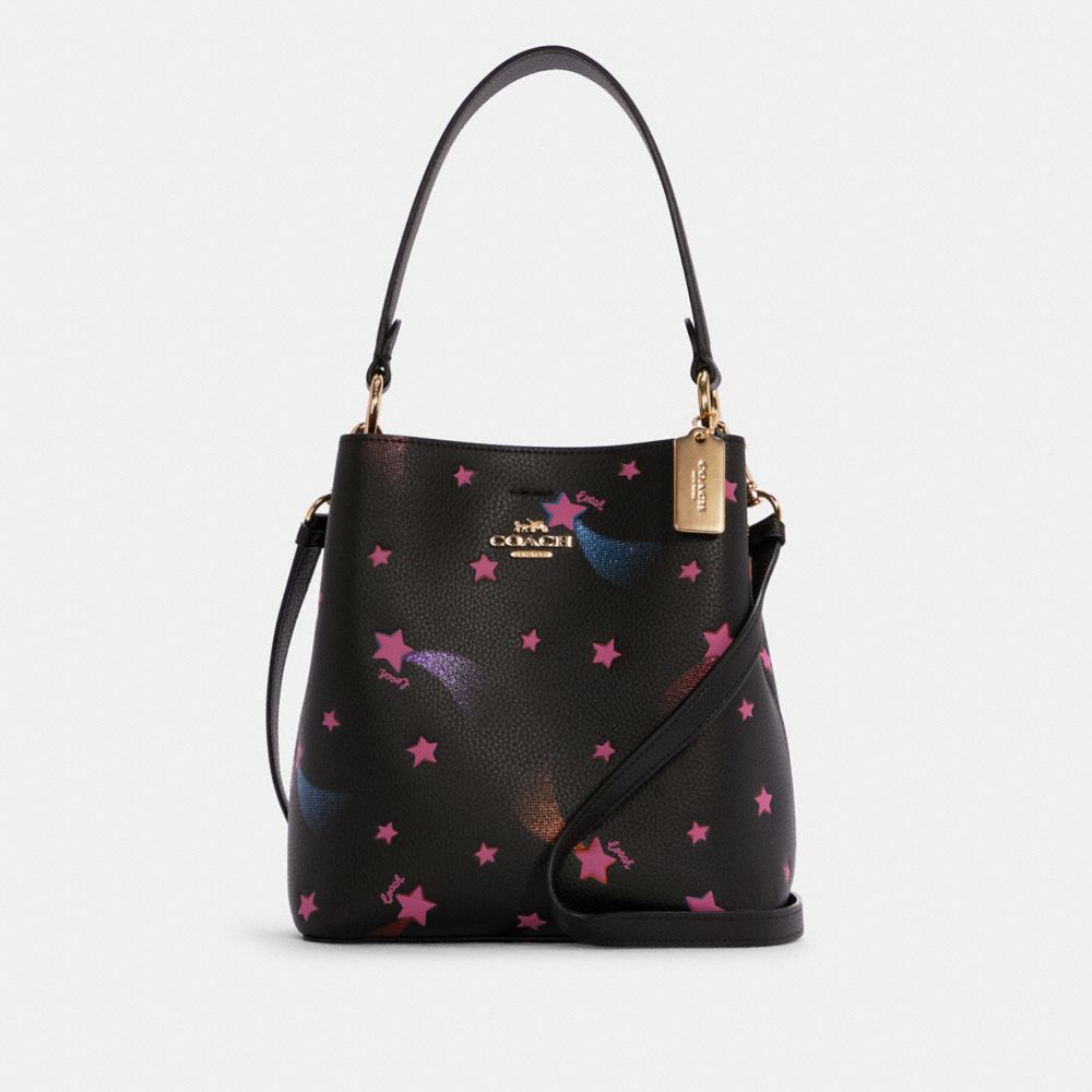 COACH®,SMALL TOWN BUCKET BAG WITH DISCO STAR PRINT,Medium,Gold/Black Multi,Front View
