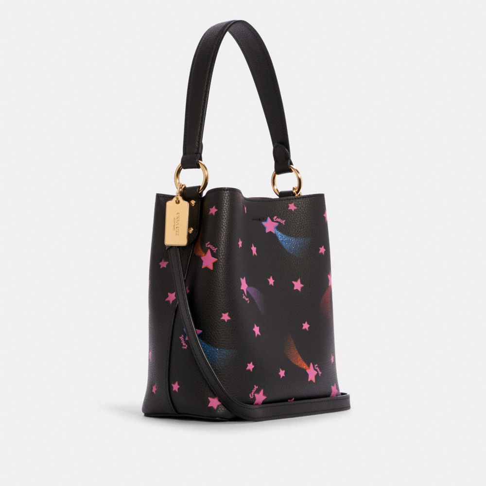 COACH®,SMALL TOWN BUCKET BAG WITH DISCO STAR PRINT,Medium,Gold/Black Multi,Angle View