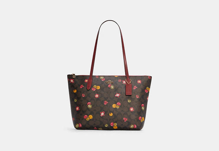 COACH®,ZIP TOP TOTE IN SIGNATURE CANVAS WITH ORNAMENT PRINT,Signature Coated Canvas/Smooth Leather,Gold/Brown Black Multi,Front View