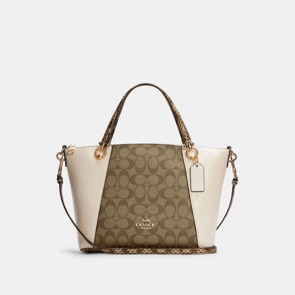 COACH®,KACEY SATCHEL BAG IN COLORBLOCK SIGNATURE CANVAS,Signature Canvas,Large,Gold/Khaki Chalk Multi,Front View