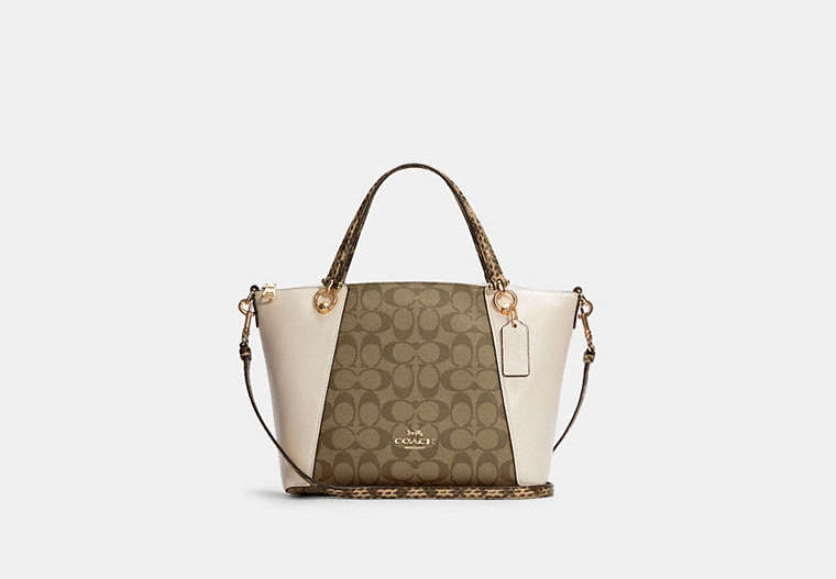 COACH®,KACEY SATCHEL IN COLORBLOCK SIGNATURE CANVAS,Signature Coated Canvas/Smooth Leather/Exotic,Large,Gold/Khaki Chalk Multi,Front View