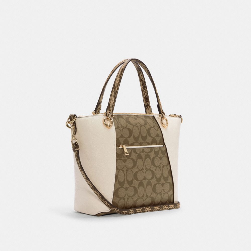 COACH®,KACEY SATCHEL BAG IN COLORBLOCK SIGNATURE CANVAS,Signature Canvas,Large,Gold/Khaki Chalk Multi,Angle View