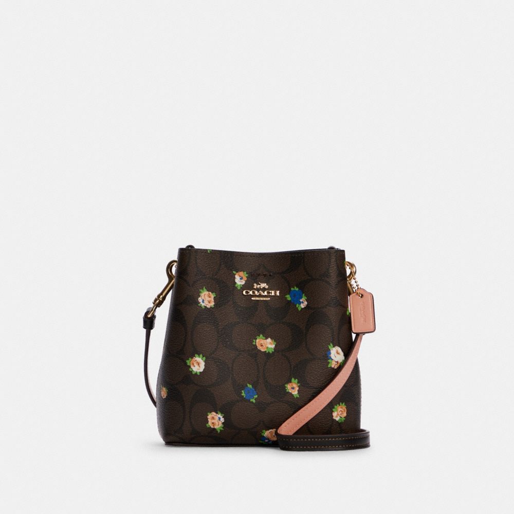 COACH®,MINI TOWN BUCKET BAG IN SIGNATURE CANVAS WITH VINTAGE MINI ROSE PRINT,Signature Coated Canvas/Smooth Leat...,Gold/Brown Black Multi,Front View