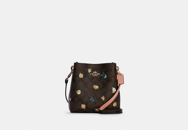 COACH®,MINI TOWN BUCKET BAG IN SIGNATURE CANVAS WITH VINTAGE MINI ROSE PRINT,Signature Coated Canvas/Smooth Leat...,Gold/Brown Black Multi,Front View
