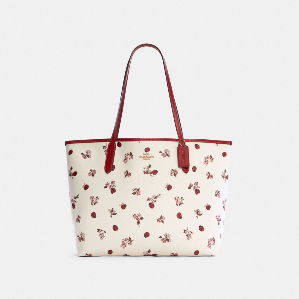 COACH®,CITY TOTE BAG WITH LADYBUG FLORAL PRINT,n/a,X-Large,Gold/Chalk Multi,Front View