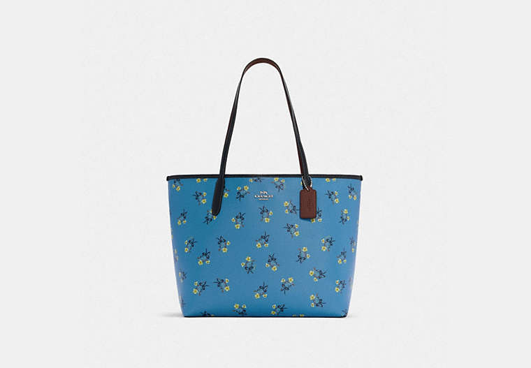 COACH®,CITY TOTE WITH FLORAL BOW PRINT,n/a,X-Large,Silver/Blue Multi,Front View
