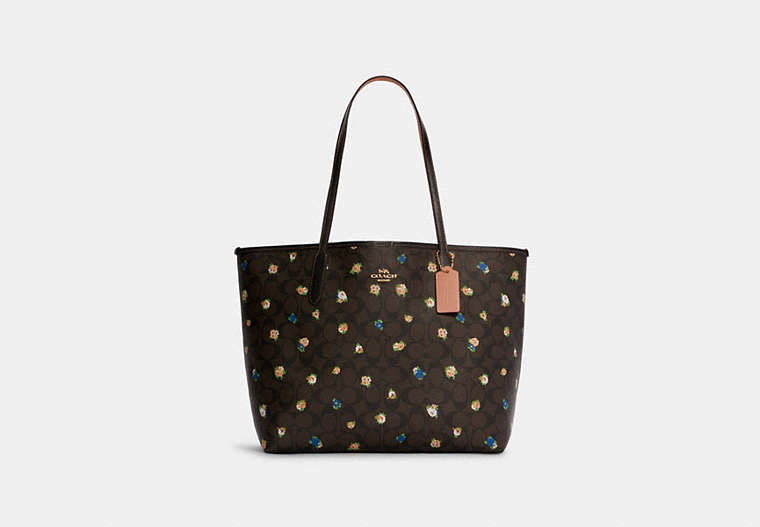 COACH®,CITY TOTE BAG IN SIGNATURE CANVAS WITH VINTAGE MINI ROSE PRINT,n/a,X-Large,Gold/Brown Black Multi,Front View