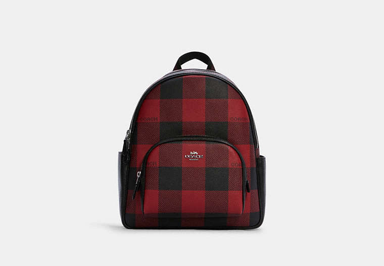 COACH®,COURT BACKPACK WITH BUFFALO PLAID PRINT,Signature Coated Canvas/Pebble Leather,X-Large,Silver/Black/1941 Red Multi,Front View