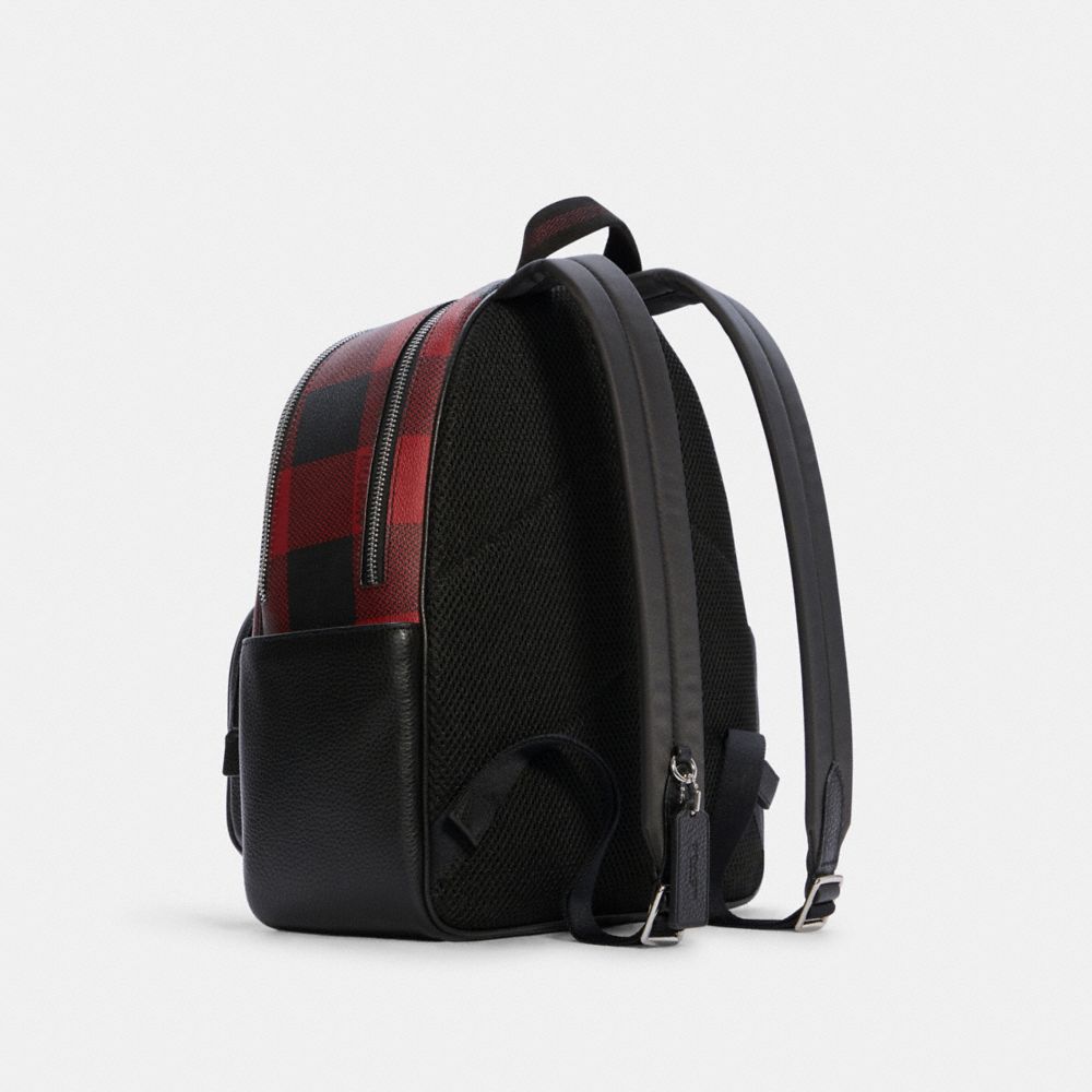 COACH®,COURT BACKPACK WITH BUFFALO PLAID PRINT,Signature Coated Canvas/Pebble Leather,X-Large,Silver/Black/1941 Red Multi,Angle View