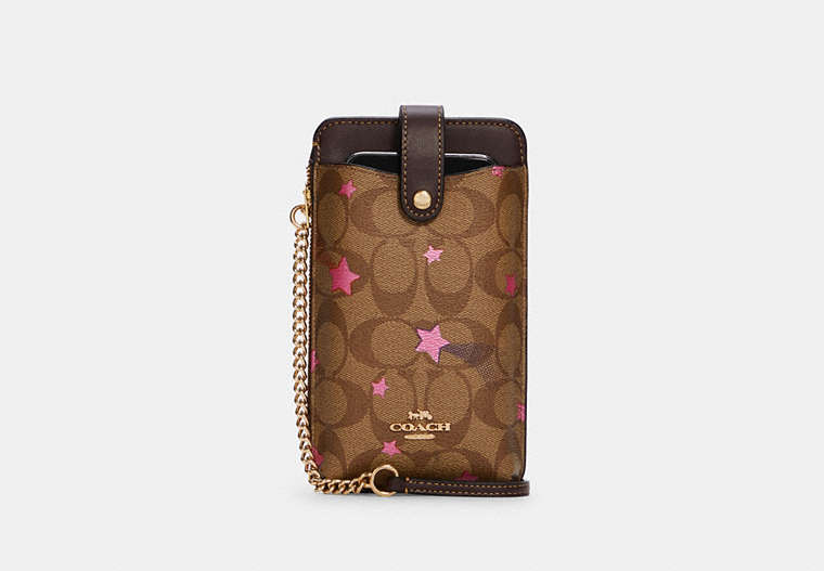 COACH®,NORTH/SOUTH PHONE CROSSBODY IN SIGNATURE CANVAS WITH DISCO STAR PRINT,Gold/Khaki Multi,Front View