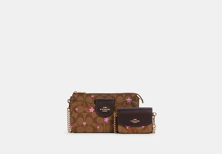 COACH®,POPPY CROSSBODY WITH CARD CASE IN SIGNATURE CANVAS WITH DISCO STAR PRINT,Gold/Khaki Multi,Front View