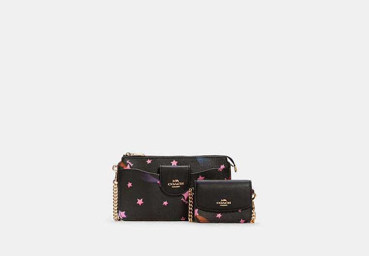 COACH®,POPPY CROSSBODY WITH CARD CASE WITH DISCO STAR PRINT,Gold/Black Multi,Front View