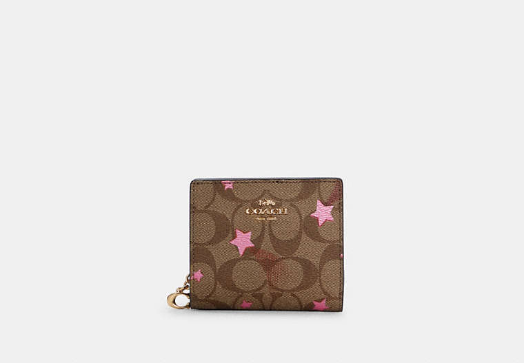 COACH®,SNAP WALLET IN SIGNATURE CANVAS WITH DISCO STAR PRINT,Mini,Gold/Khaki Multi,Front View