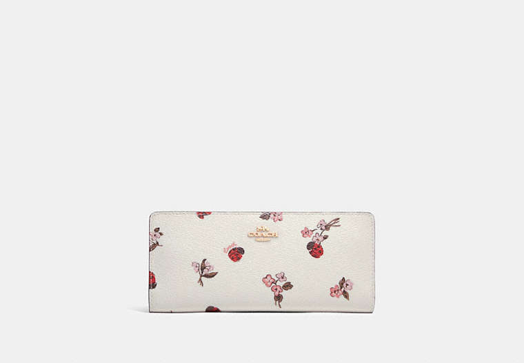 COACH®,SLIM WALLET WITH LADYBUG FLORAL PRINT,Gold/Chalk Multi,Front View