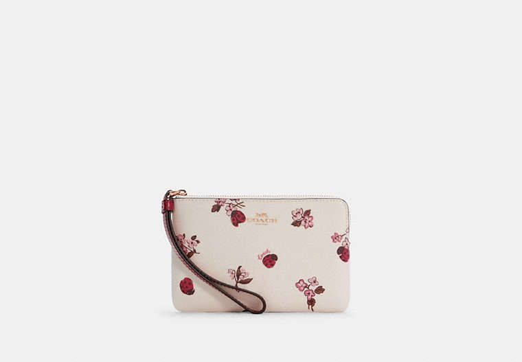 Corner Zip Wristlet With Ladybug Floral Print