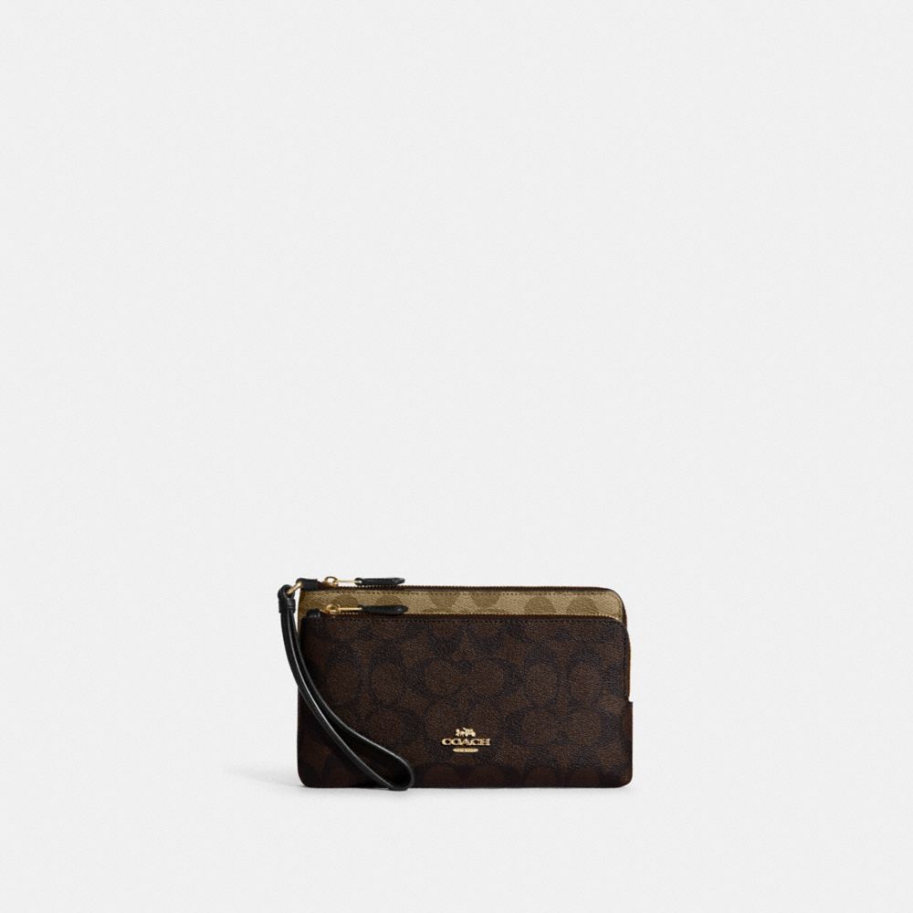 COACH®,DOUBLE ZIP WALLET IN BLOCKED SIGNATURE CANVAS,Mini,Gold/Khaki Brown Multi,Front View