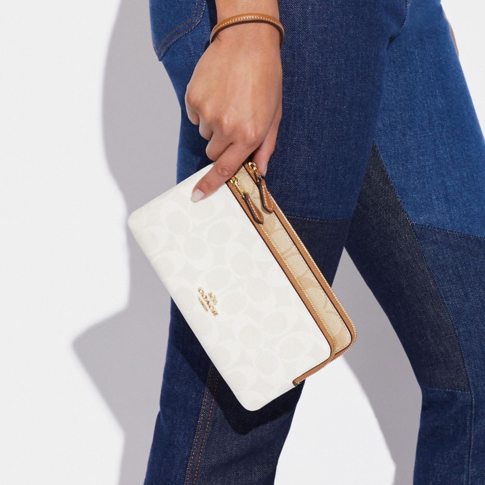 COACH®,Double Zip Wallet In Blocked Signature Canvas,Canvas,Leather,Pouch,Wristlet,PVC,Logo,Casual,,Detail View