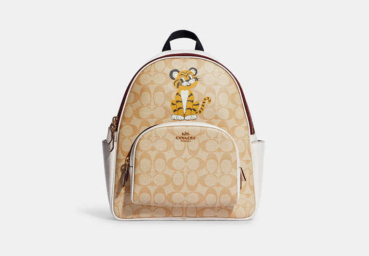 COACH®,COURT BACKPACK IN SIGNATURE CANVAS WITH TIGER,Gold/Light Khaki Chalk,Front View
