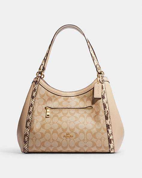 COACH®,KRISTY SHOULDER BAG IN COLORBLOCK SIGNATURE CANVAS,Signature Coated Canvas/Smooth Leather/Exotic,Large,Gold/Light Khaki/Ivory Multi,Front View