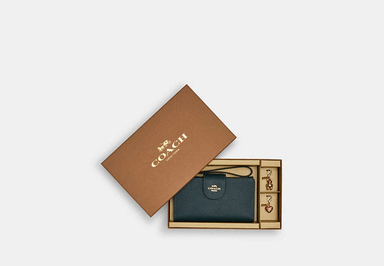 COACH®,BOXED TECH WALLET,Gold/Forest Green,Front View