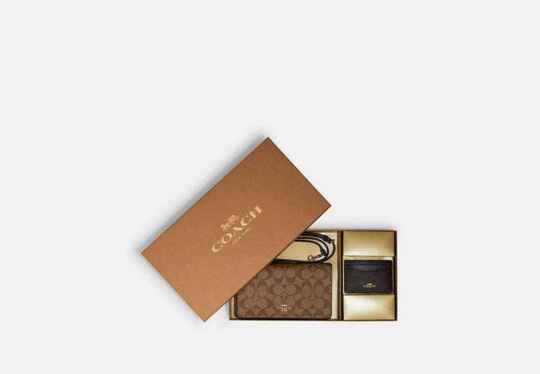 COACH®,BOXED ANNA FOLDOVER CLUTCH CROSSBODY AND CARD CASE SET IN BLOCKED SIGNATURE CANVAS,Signature Coated Canva...,Gold/Khaki Brown Multi,Front View