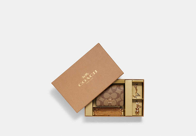COACH®,BOXED MINI WALLET ON A CHAIN IN BLOCKED SIGNATURE CANVAS,Mini,Gold/Khaki Brown Multi,Front View