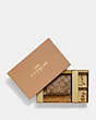 COACH®,BOXED MINI WALLET ON A CHAIN IN BLOCKED SIGNATURE CANVAS,Mini,Gold/Khaki Brown Multi,Front View