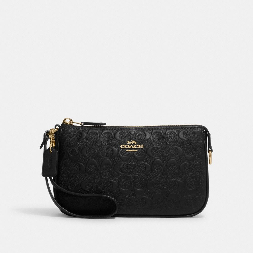 Coach Key Pouch With Gusset In Crossgrain Leather Black Light Gold