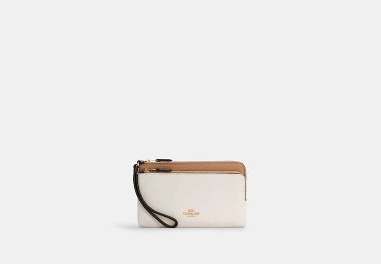 COACH®,DOUBLE ZIP WALLET IN COLORBLOCK,Refined Pebble Leather,Mini,Gold/Chalk Multi,Front View image number 0