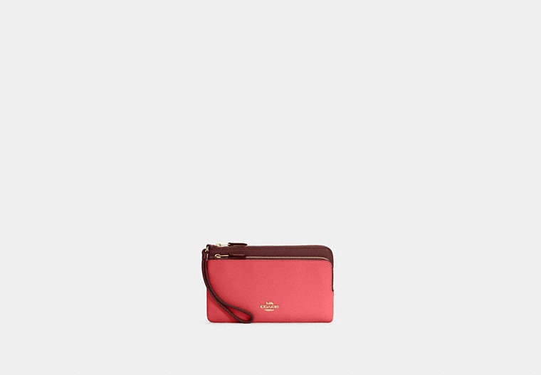 COACH®,DOUBLE ZIP WALLET IN COLORBLOCK,Refined Pebble Leather,Mini,Im/Watermelon/Wine,Front View