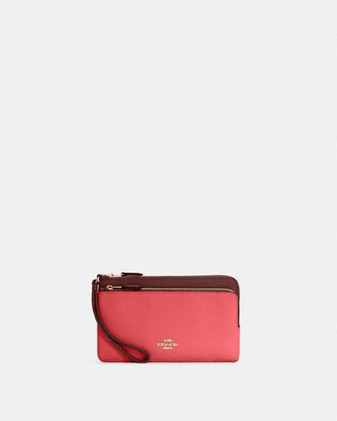 COACH®,DOUBLE ZIP WALLET IN COLORBLOCK,Refined Pebble Leather,Mini,Im/Watermelon/Wine,Front View