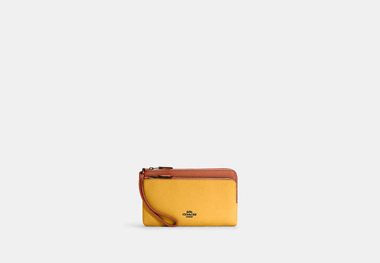 COACH®,DOUBLE ZIP WALLET IN COLORBLOCK,Refined Pebble Leather,Mini,Black Antique Nickel/Sunset Multi,Front View