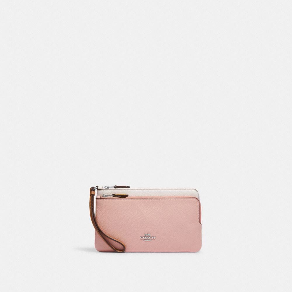 COACH®,PORTEFEUILLE À DOUBLE FERMETURE ÉCLAIR EN COLOR BLOCK,Cuir galet raffiné,Argent/Craie/Rose Poudre Multi,Front View