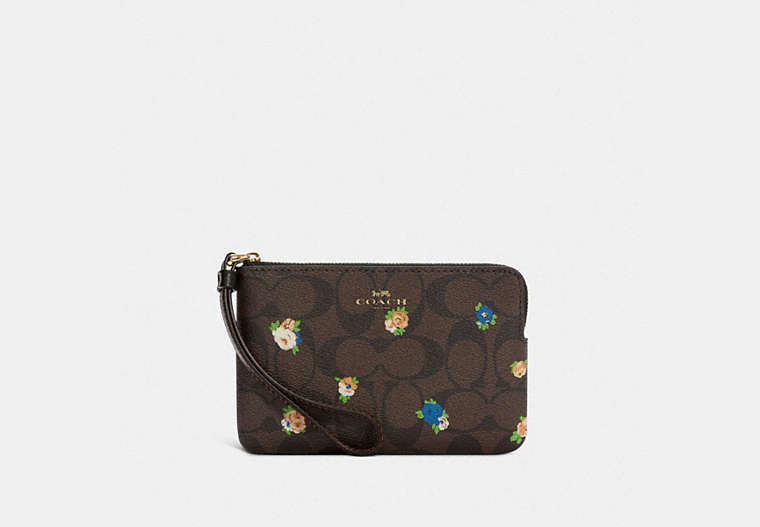 COACH®,CORNER ZIP WRISTLET IN SIGNATURE CANVAS WITH VINTAGE MINI ROSE PRINT,Gold/Brown Black Multi,Front View