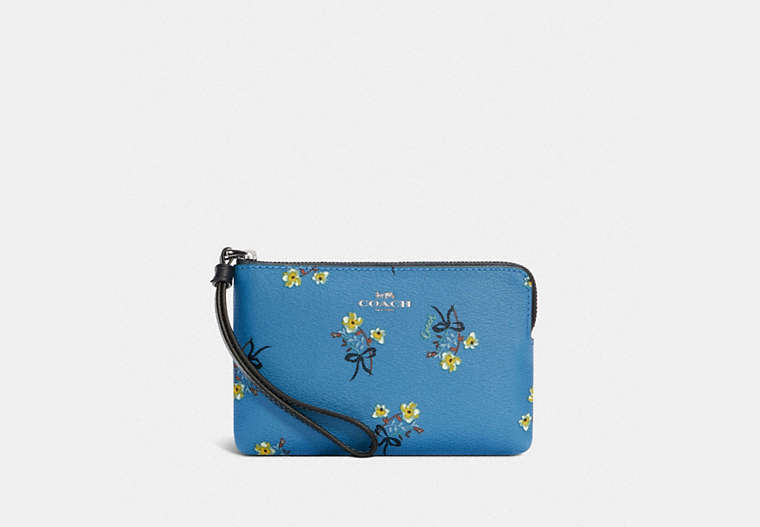 COACH®,CORNER ZIP WRISTLET WITH FLORAL BOW PRINT,Pusplit Leather,Silver/Blue Multi,Front View