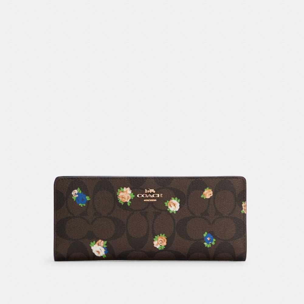 COACH®,SLIM WALLET IN SIGNATURE CANVAS WITH VINTAGE MINI ROSE PRINT,pvc,Gold/Brown Black Multi,Front View