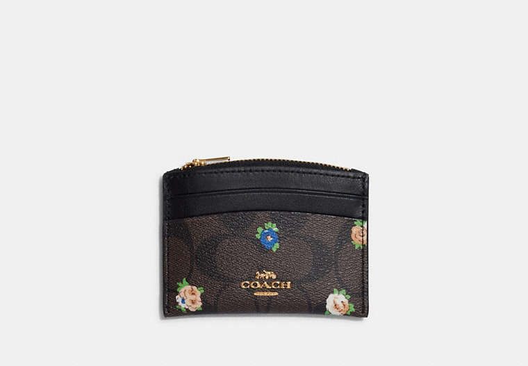 COACH®,SHAPED CARD CASE IN SIGNATURE CANVAS WITH VINTAGE MINI ROSE PRINT,Gold/Brown Black Multi,Front View