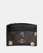 COACH®,SHAPED CARD CASE IN SIGNATURE CANVAS WITH VINTAGE MINI ROSE PRINT,Gold/Brown Black Multi,Front View