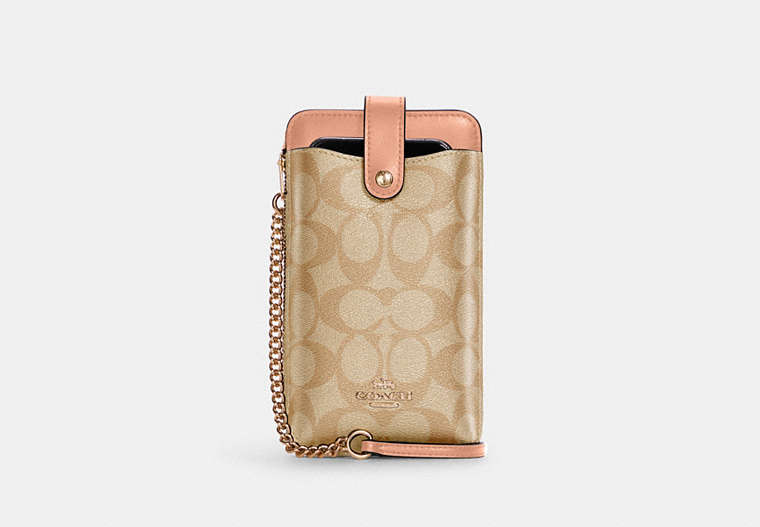 COACH®,PHONE CROSSBODY IN SIGNATURE CANVAS,pvc,Gold/Light Khaki/Faded Blush,Front View image number 0