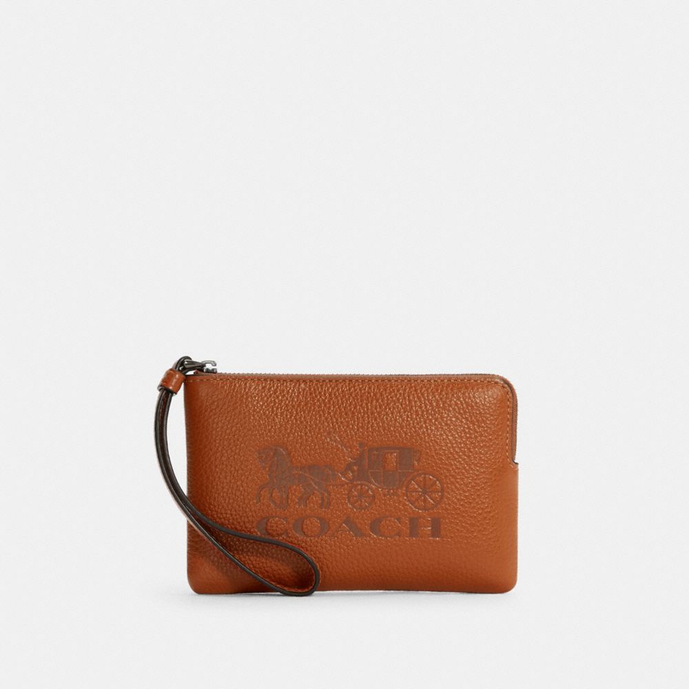 COACH®,WRISTLET À ZIP EN COIN AVEC IMPRIMÉ CHEVAL ET CHARIOT,PVC,Bronze industriel/Gingembre,Front View