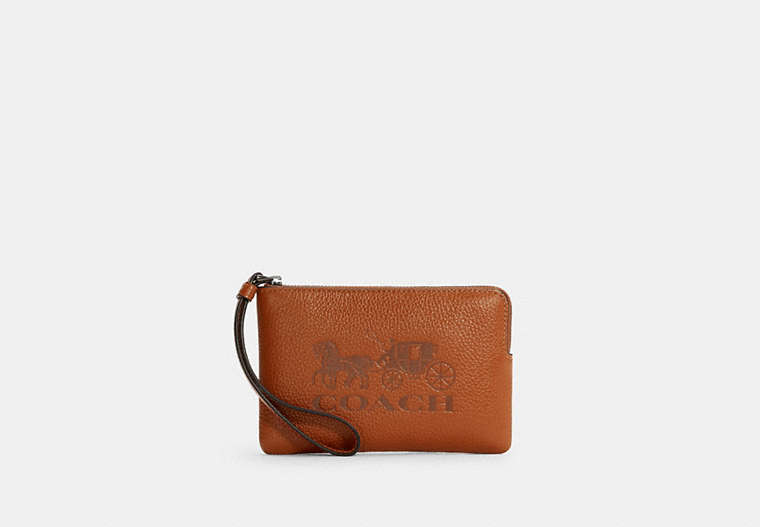 COACH®,CORNER ZIP WRISTLET WITH HORSE AND CARRIAGE,pvc,Mini,Gunmetal/Ginger,Front View
