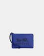 COACH®,CORNER ZIP WRISTLET WITH HORSE AND CARRIAGE,pvc,Mini,Silver/Sport Blue,Front View