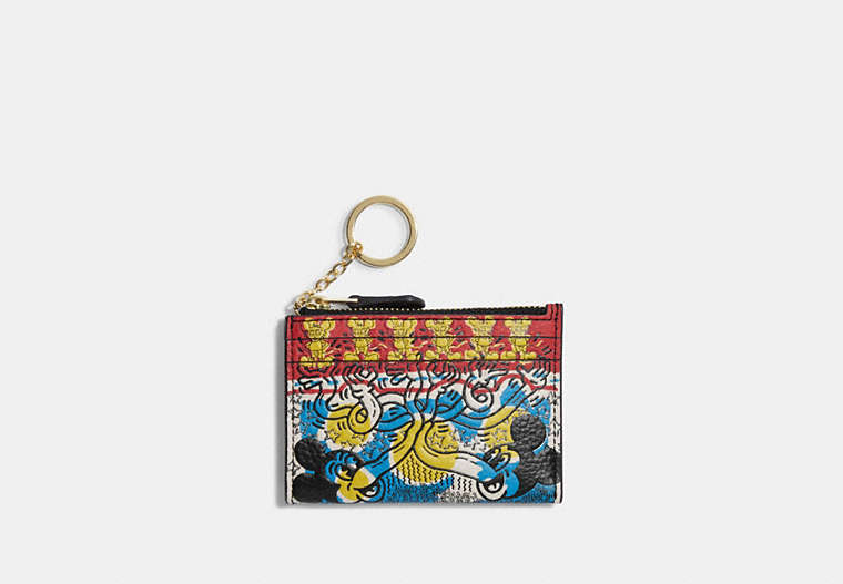 COACH®,DISNEY MICKEY MOUSE X KEITH HARING MINI SKINNY ID CASE,Leather,Gold/Black Multi,Front View