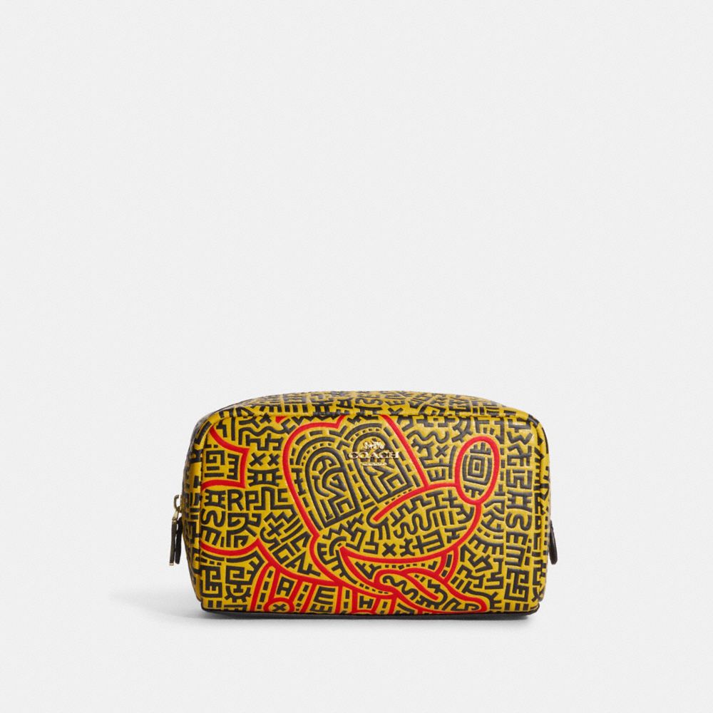 COACH®,DISNEY MICKEY MOUSE X KEITH HARING SMALL BOXY COSMETIC CASE,Mini,Gold/Yellow/Red,Front View
