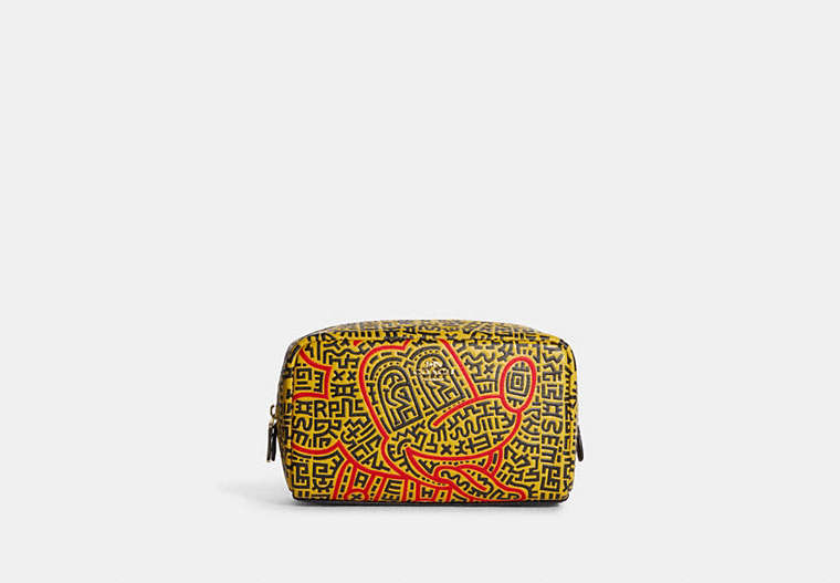 COACH®,DISNEY MICKEY MOUSE X KEITH HARING SMALL BOXY COSMETIC CASE,Leather,Mini,Gold/Yellow/Red,Front View